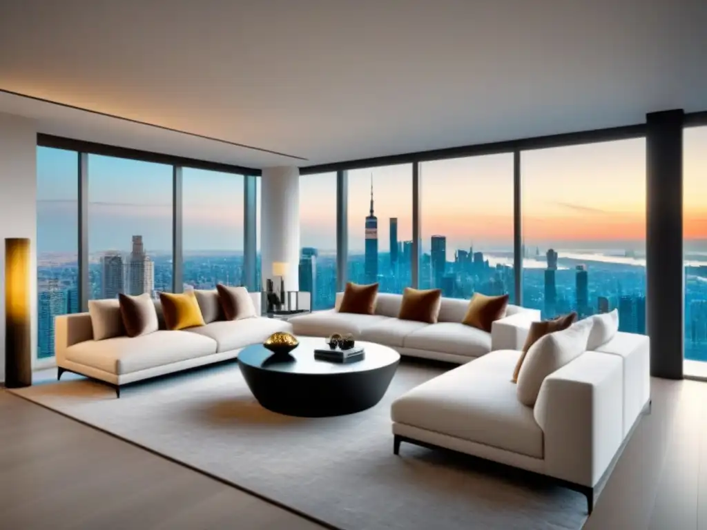 Salón lujoso en un rascacielos: sofisticación y éxito Un salón moderno y lujoso en un apartamento de gran altura, con muebles elegantes y vistas a la ciudad