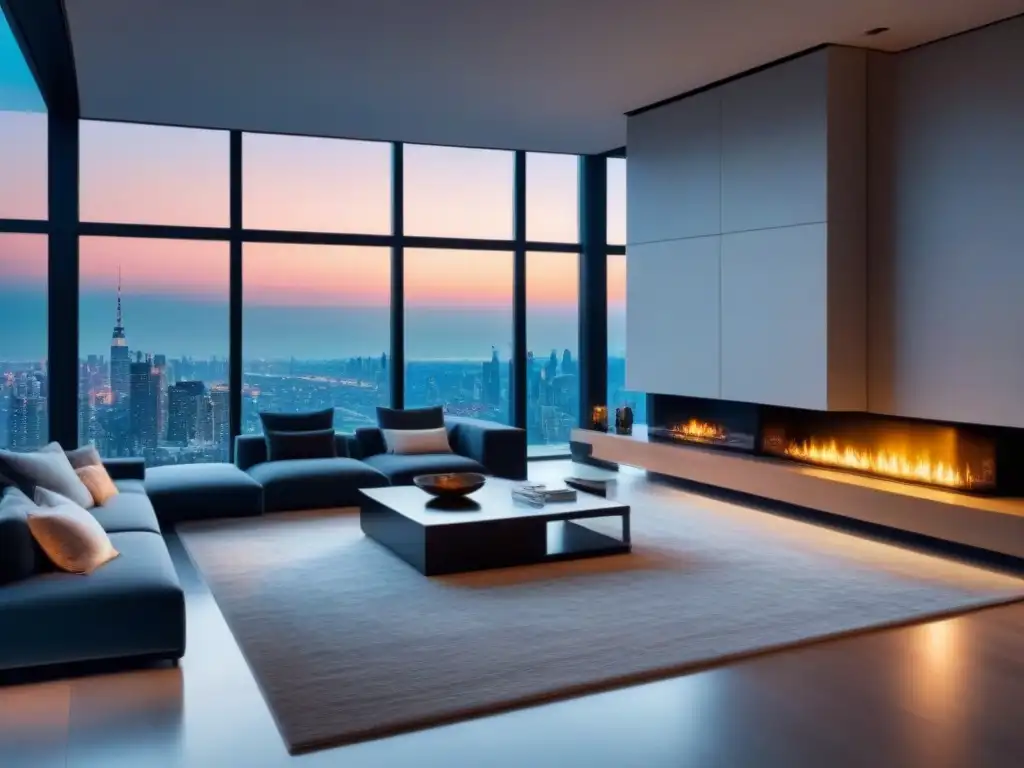 Salón de lujo moderno con vista a la ciudad al atardecer Salón moderno lujoso con arte contemporáneo, ventanales y chimenea de mármol
