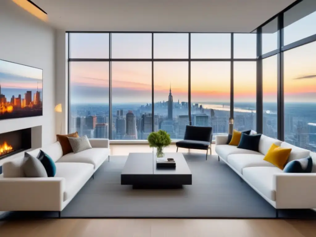 Salón moderno de lujo con vistas a la ciudad Salón moderno y lujoso con mobiliario blanco, ventanales, chimenea contemporánea y arte abstracto