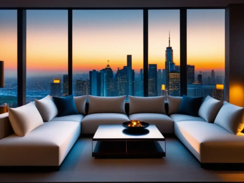 Sala de estar de lujo con vista a la ciudad al atardecer Un salón moderno y lujoso con muebles elegantes y una vista urbana al atardecer, iluminado por una cálida luz dorada
