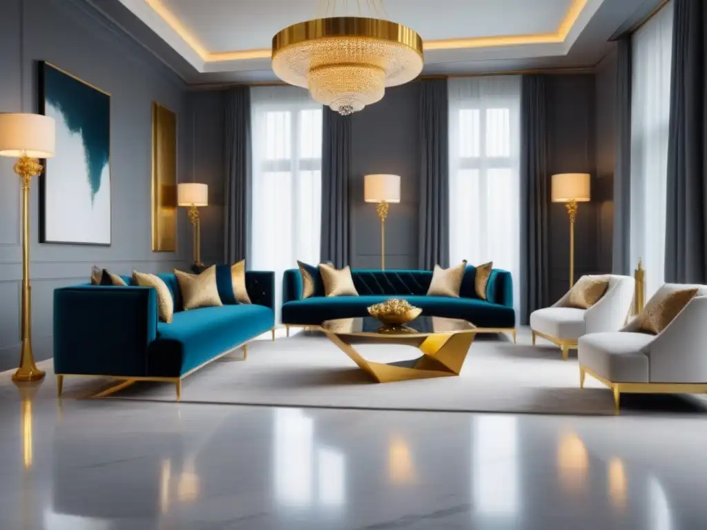 Salón de lujo moderno: suelo de mármol brillante con patrones geométricos en tonos grises, blancos y dorados Salón moderno lujoso con suelo de mármol brillante en tendencias pisos mercado inmobiliario