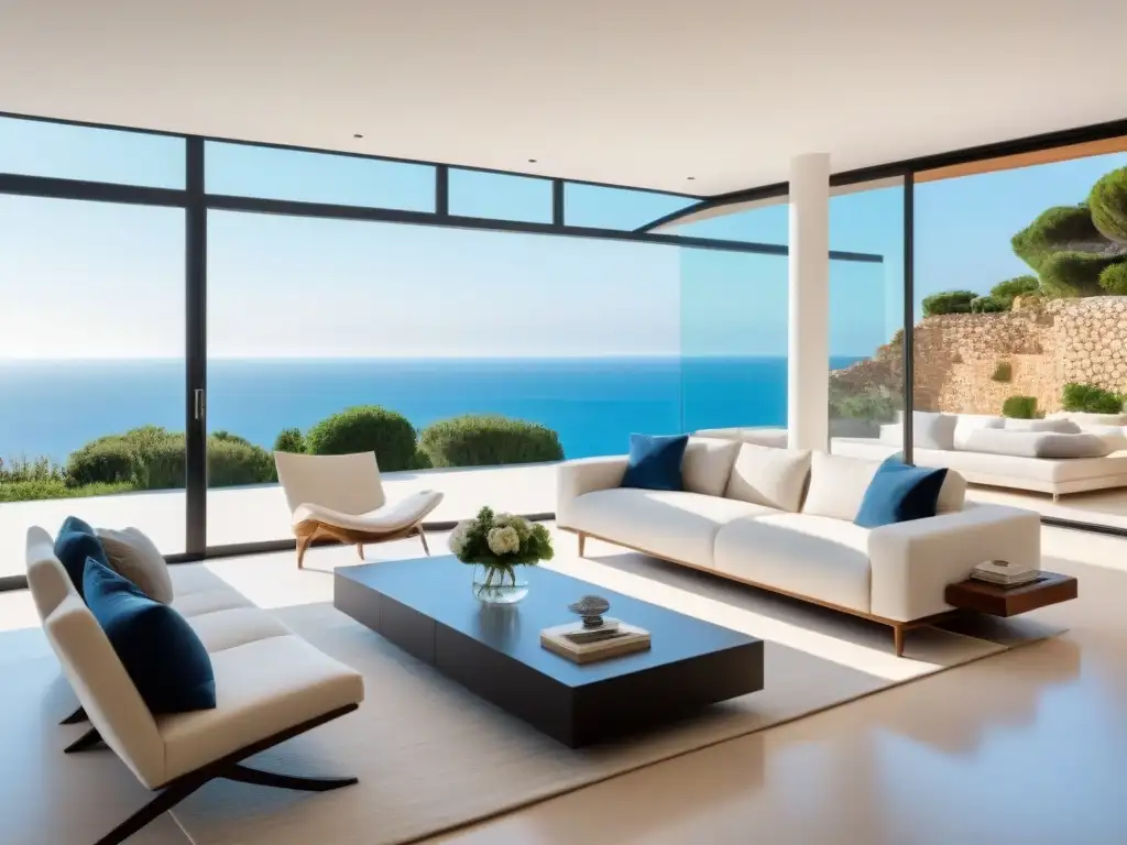 Sala de estar de lujo en villa española con vista al mar Salón moderno y lujoso en una villa española con vistas al mar Mediterráneo