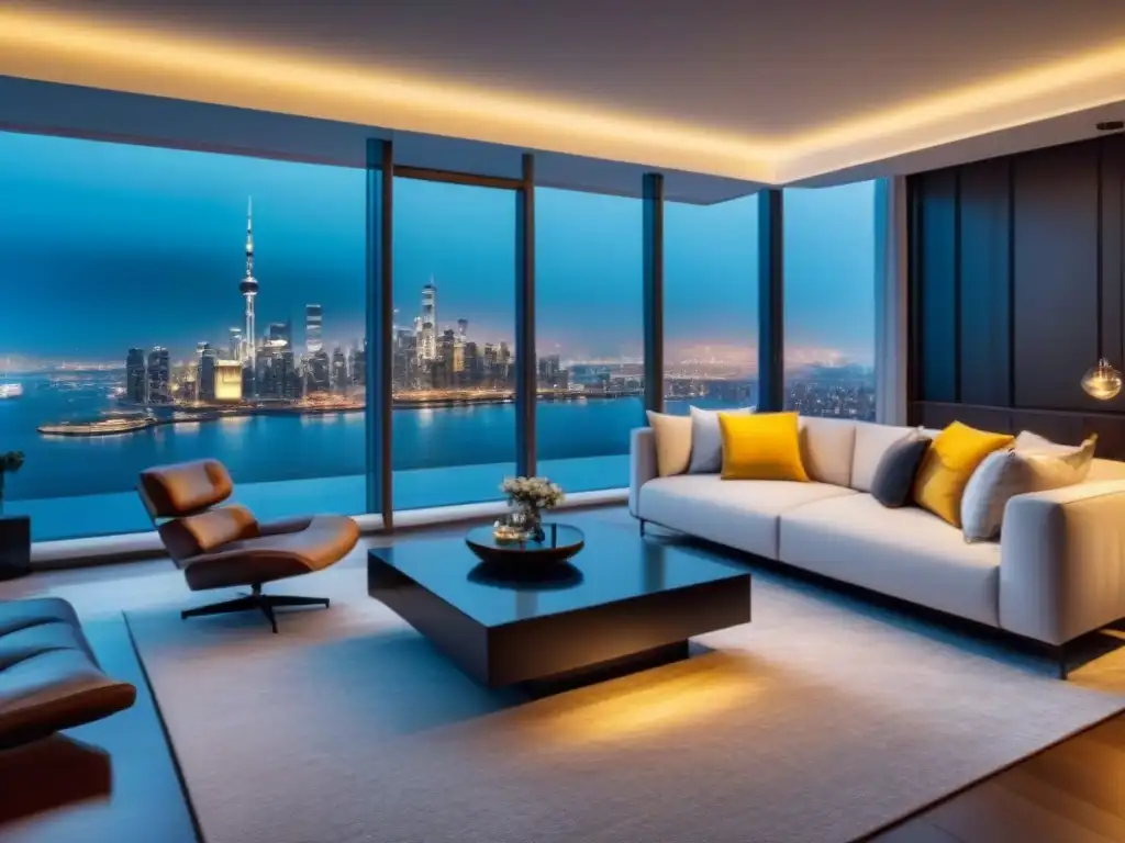 Sofisticado salón con vista nocturna de ciudad desde ventana panorámica Un salón moderno y lujoso con vistas a la impresionante ciudad de noche