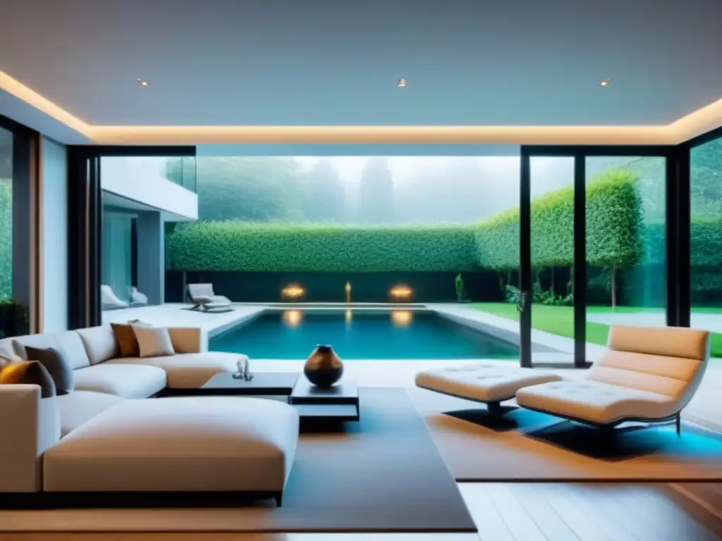Salón de lujo en mansión: sofisticación y estilo contemporáneo Salón moderno en mansión de lujo con decoración elegante y vista al jardín y piscina