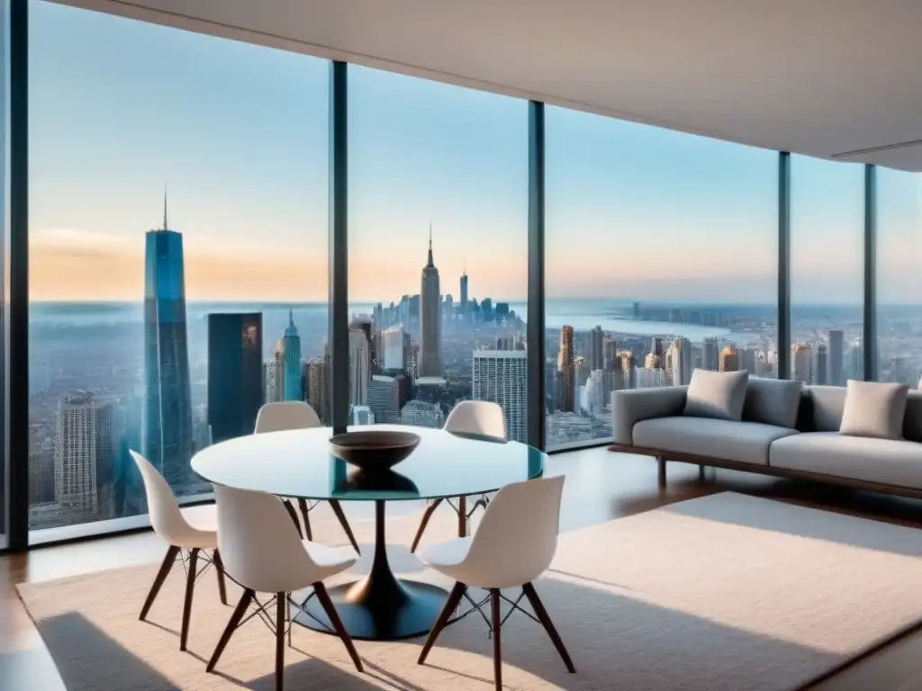 Salón elegante con vista a la ciudad y mesa de vidrio Salón moderno con mesa de vidrio elegante y sillas blancas minimalistas