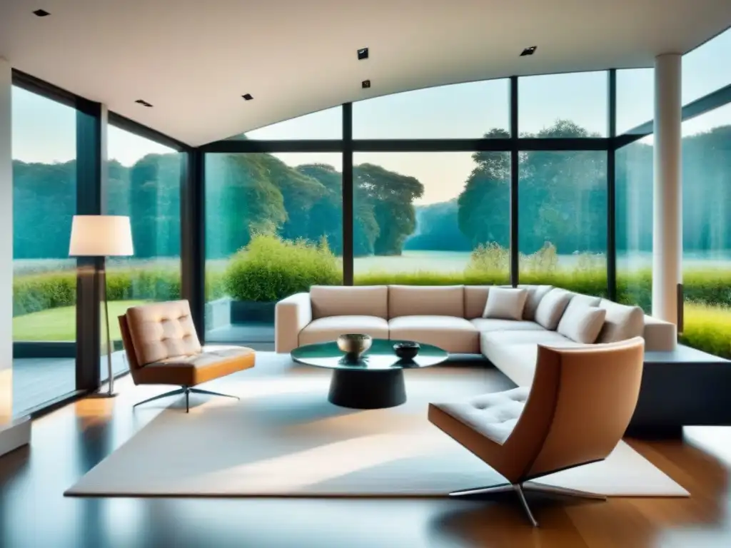 Elegante sala moderna con mesa de vidrio y vista al jardín Un salón moderno con mesa de vidrio, sillas elegantes y arte minimalista, bañado por luz natural y vista a jardín exuberante