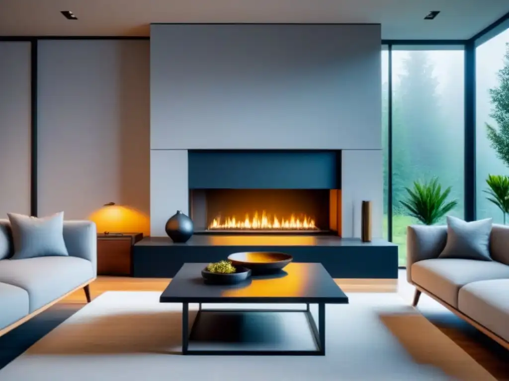 Diseño minimalista y acogedor en sala de estar renovada Un salón moderno y minimalista con una chimenea renovada, grandes ventanales y muebles contemporáneos en tonos neutros