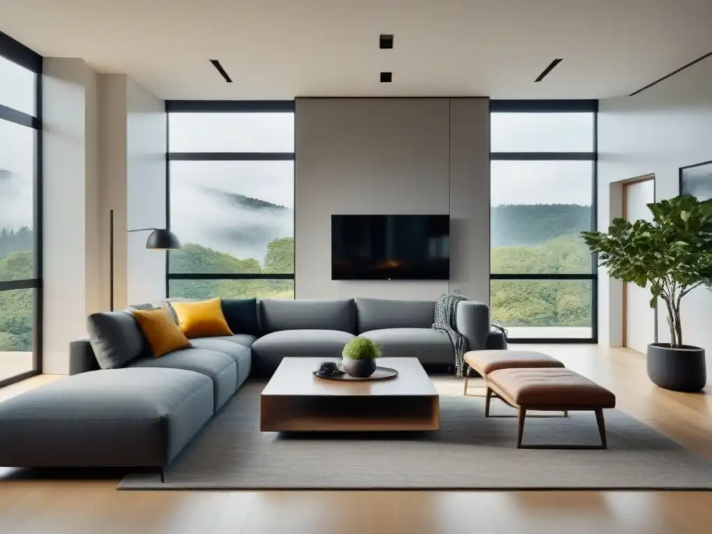 Sala minimalista: armonía y funcionalidad en tonos neutros Salón moderno y minimalista con toques de color y vegetación