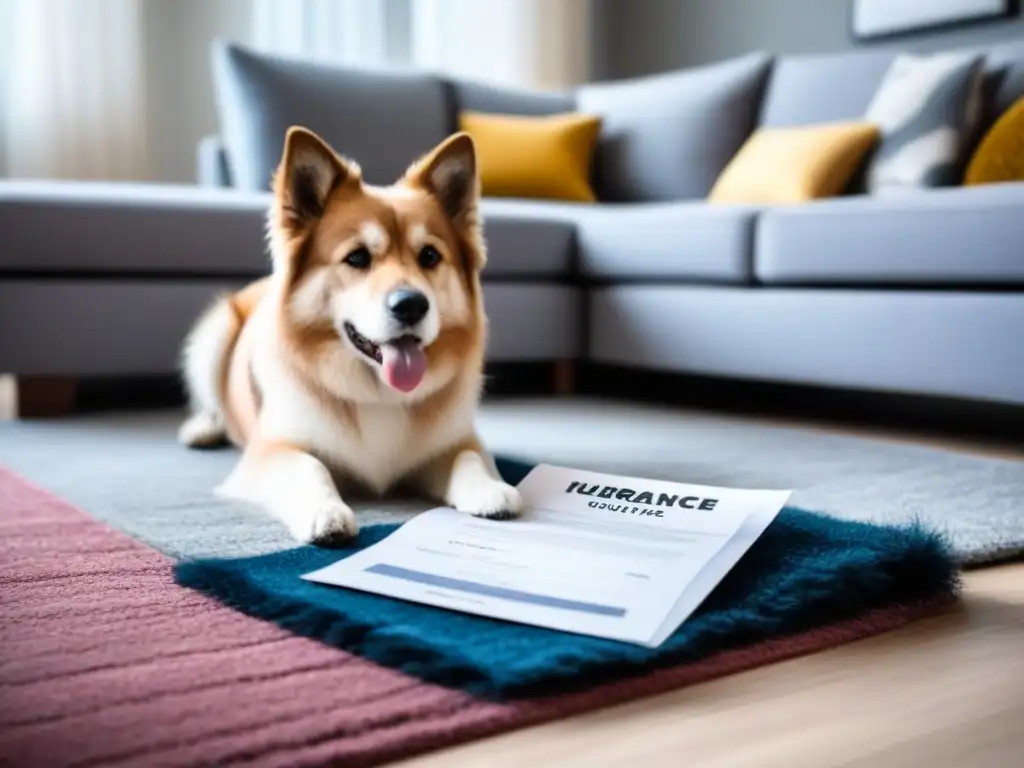 Seguro de hogar pet-friendly: integrando protección para tu mascota Un salón moderno con un perro acurrucado en una alfombra, junto a una póliza de seguro de vivienda