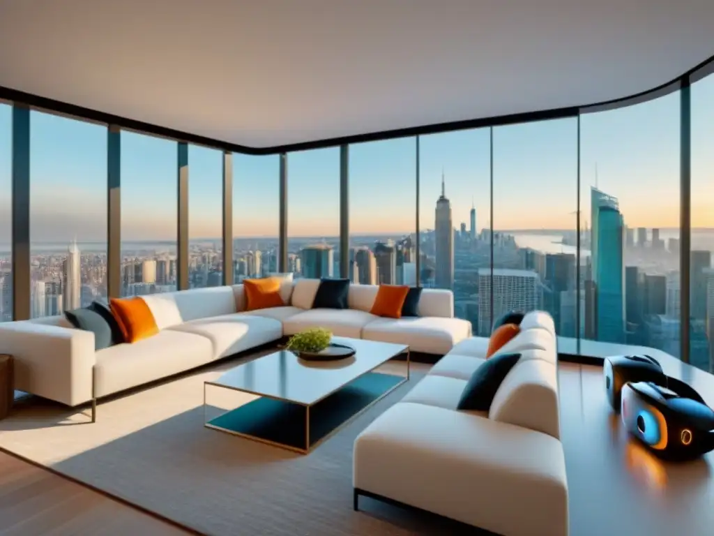 Salón futurista con tecnología VR y mobiliario vanguardista Salón moderno en Realidad Virtual, con muebles vanguardistas, ventanales y elementos interactivos