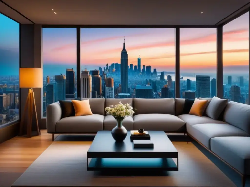 Un salón moderno con reloj elegante, mesa minimalista y sofá gris