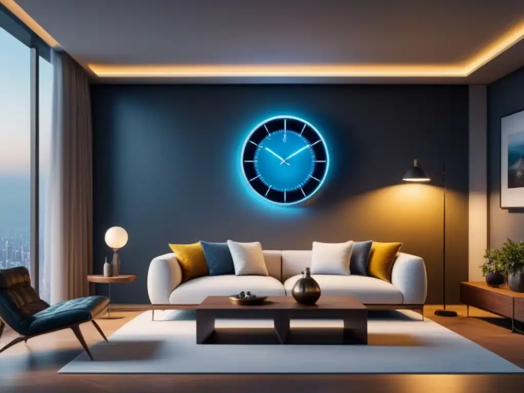 Salón moderno con reloj de pared: lujo y funcionalidad en 8k Salón moderno con reloj de diferentes zonas horarias