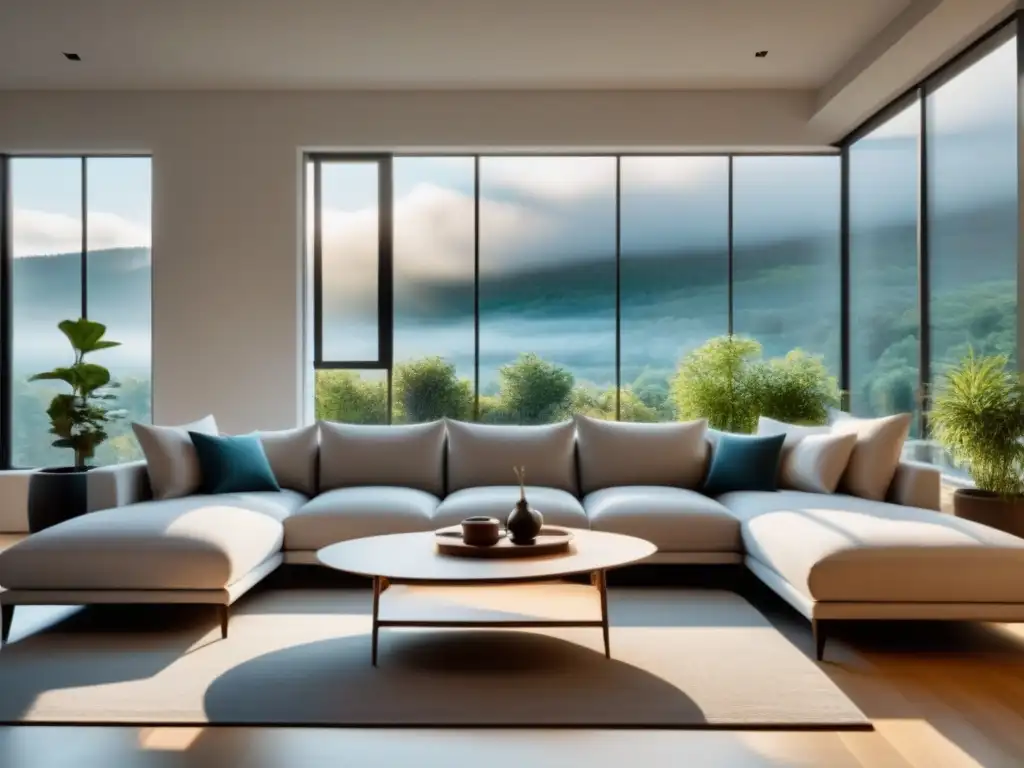 Salón moderno y sereno con diseño minimalista y luz natural Un salón moderno y sereno con diseño minimalista, ventana grande con luz solar, área acogedora y elegante