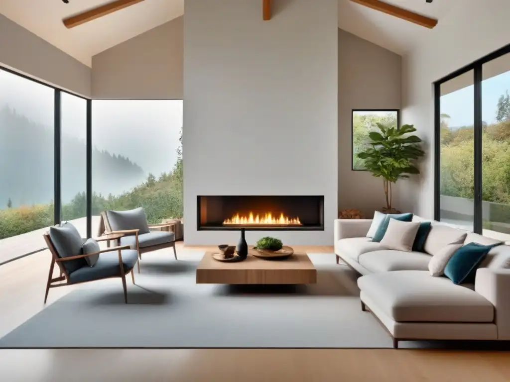 Salón de lujo y tranquilidad: refugio seguro y acogedor Un salón moderno y sereno con techos altos, grandes ventanas, muebles elegantes y acogedores, una chimenea elegante y detalles decorativos