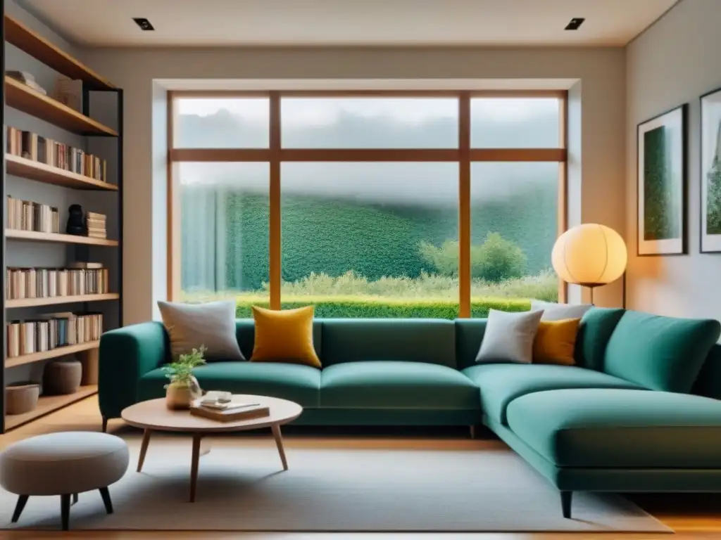 Salón moderno y sereno con ventana panorámica hacia jardín exuberante Salón moderno y sereno con ventana grande y jardín verde afuera