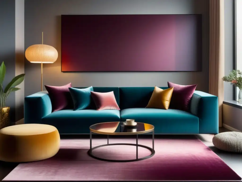 Sofisticada sala de estar con sofá de cuero y texturas 3D Un salón moderno con sofá de cuero, cojines de terciopelo, alfombra geométrica, mesa de vidrio y pared texturizada