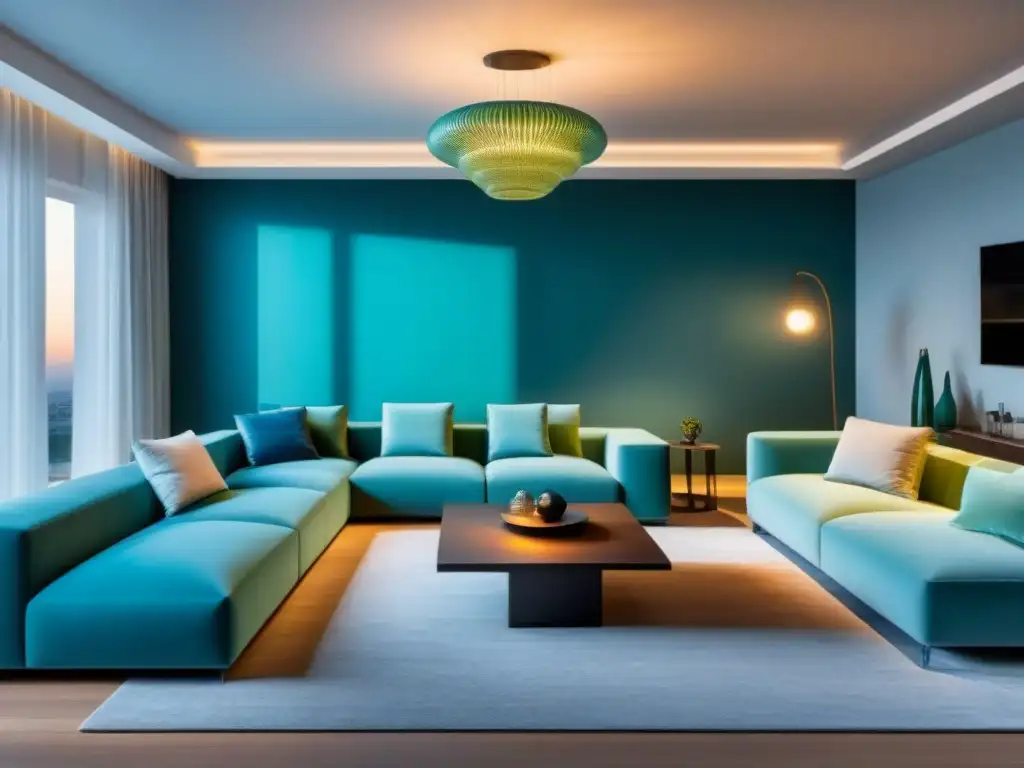 Salón moderno en tonos azules y verdes: armonía cromática y elegancia Salón moderno en tonos azules y verdes, con muebles contemporáneos, espejos estratégicos y luz ambiental