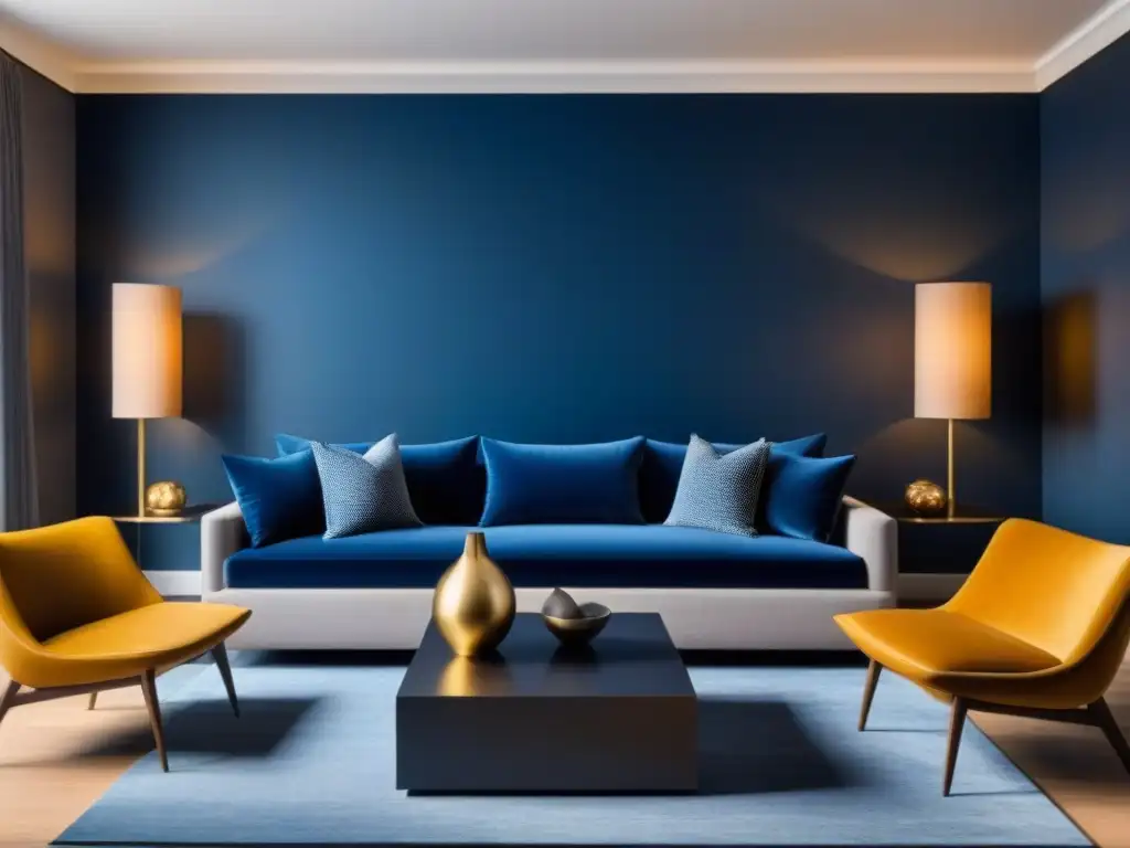 Salón moderno en tonos neutros con toques de azul y dorado Salón moderno en tonos neutros cálidos con toques de azul y dorado, resaltando la psicología del color en el mercado inmobiliario
