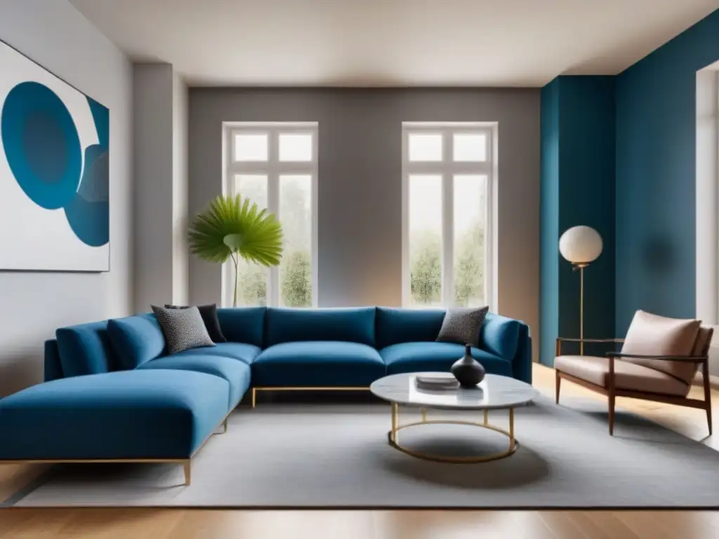 Salón moderno: impacto del color en diseño de interiores Salón moderno en tonos sofisticados, con sofá gris, sillas azules, mesa de mármol y arte abstracto, iluminado naturalmente