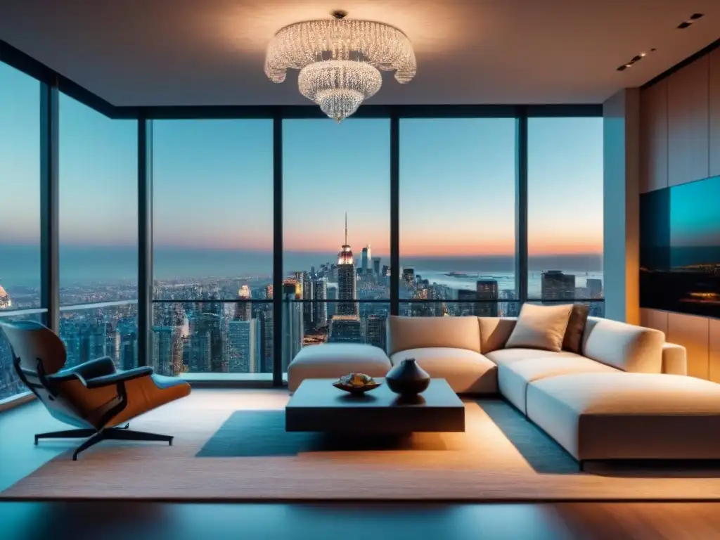 Salón de lujo con vista panorámica a la ciudad al atardecer Salón moderno con ventanales de piso a techo y vista impresionante de la ciudad al atardecer