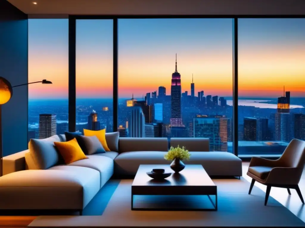 Salón moderno con vistas panorámicas de la ciudad al atardecer Salón moderno con ventanas piso techo, diseño contemporáneo y vista panorámica de la ciudad al atardecer