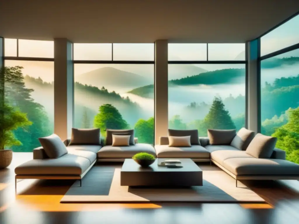 Sala moderna con vista panorámica a bosque verde Un salón moderno con ventanas de piso a techo, diseño contemporáneo y vista panorámica a un bosque verde exuberante
