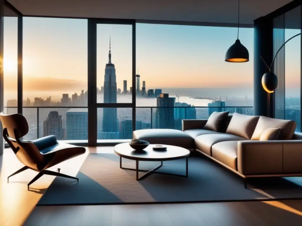 Salón moderno con vistas panorámicas a la ciudad Salón moderno con ventanas piso techo y diseño contemporáneo, integrando interior y exterior