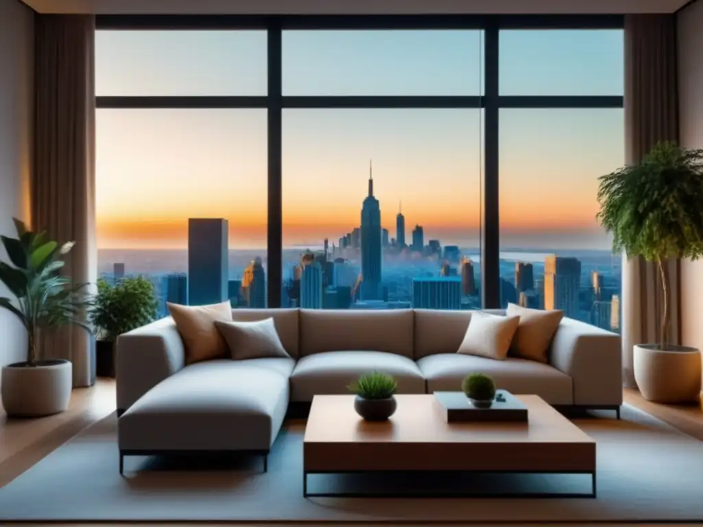 Salón moderno con vista a la ciudad al atardecer Salón moderno con vista a la ciudad al atardecer, decoración neutra y cálida luz dorada, ideal para relajarse