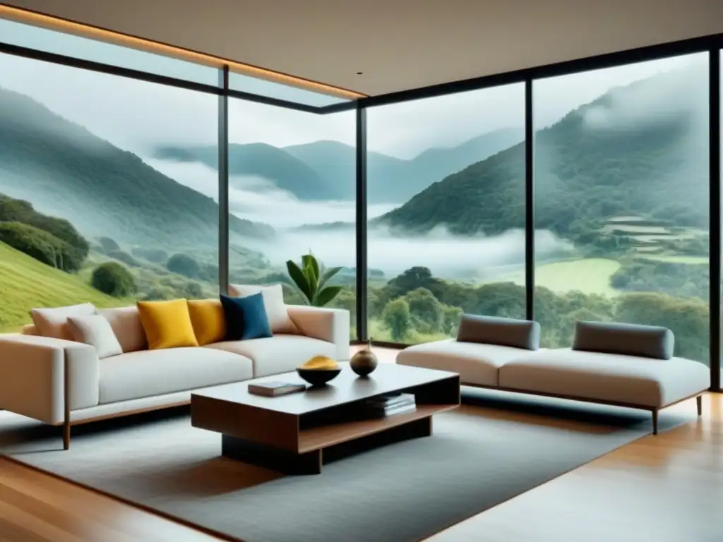 Salón moderno con vistas: tranquilidad y seguridad con el seguro adecuado Salón moderno con vista panorámica a exuberante paisaje verde, creando atmósfera cálida y acogedora