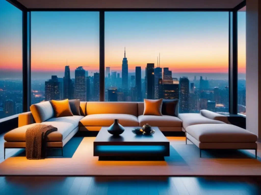 Sala de estar de lujo con vista panorámica de la ciudad al atardecer Salón moderno con vistas a la ciudad al atardecer, muebles contemporáneos y sofá acogedor
