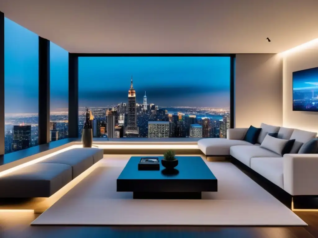 Salón futurista en casa inteligente: diseño y tecnología de vanguardia Salón ultramoderno en casa inteligente con tecnologías innovadoras