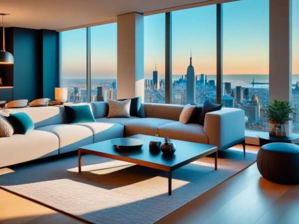 Salón urbano de lujo: estilo contemporáneo con vista panorámica a la ciudad Salón lujoso con vista urbana, mobiliario minimalista y decoración elegante