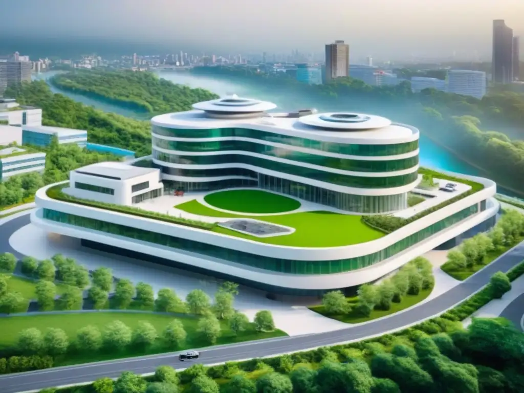 Vista aérea detallada de hospital moderno en ciudad vibrante Invertir en sector sanitario inmobiliario: Hospital moderno en ciudad vibrante con helipuerto y personal médico activo
