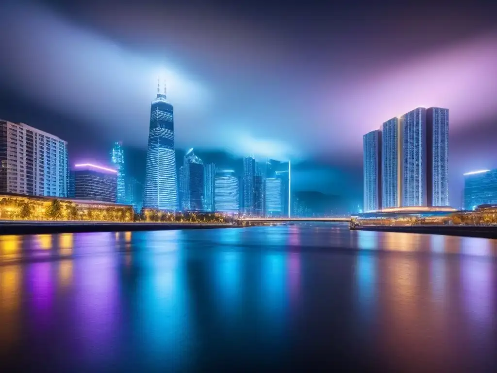 Metrópolis nocturna: neones y río en 8k Renovación seguros propiedades comerciales: Ciudad nocturna vibrante, rascacielos iluminados con luces de neón, reflejándose en un río