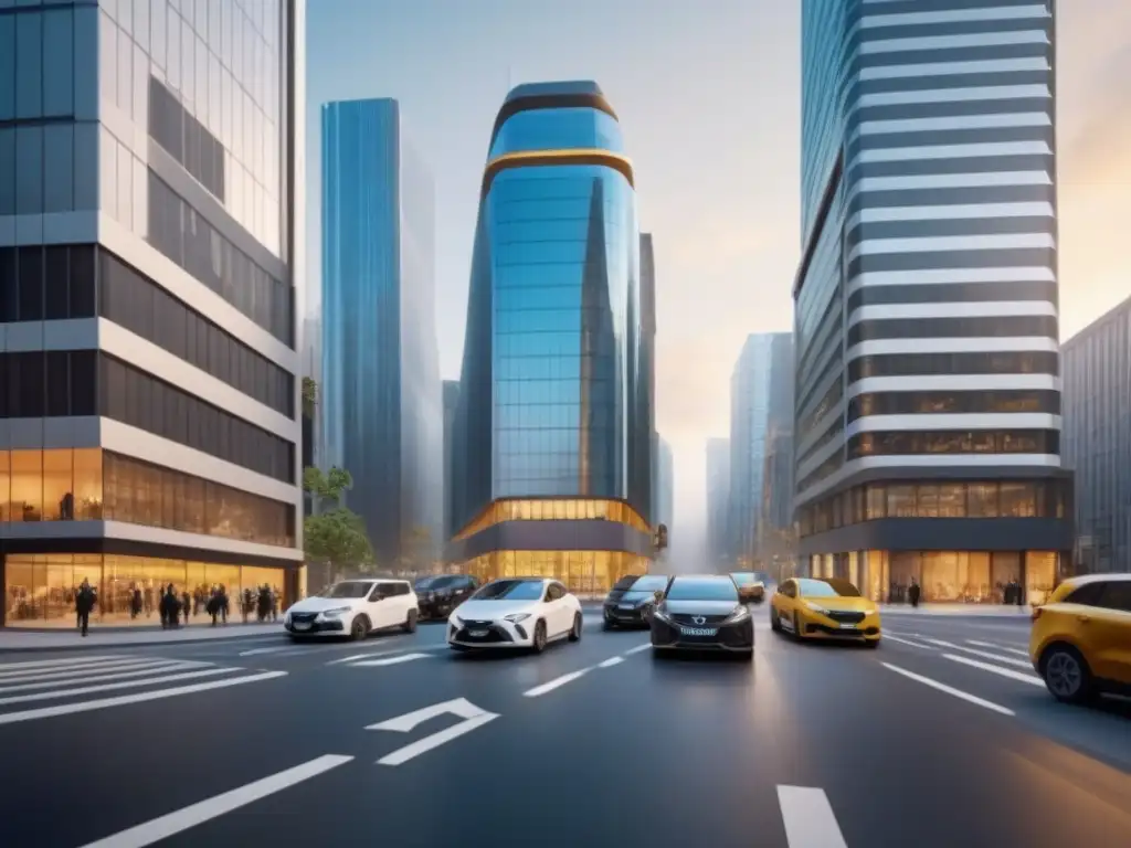 Distrito Comercial Innovador: Renovación de Seguros de Propiedades Renovación seguros propiedades comerciales en distrito comercial vibrante con rascacielos modernos y logos de aseguradoras en exteriores