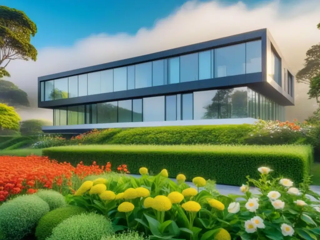 Propiedad comercial moderna rodeada de naturaleza exuberante Renovación seguros propiedades comerciales: Edificio moderno rodeado de naturaleza, ventanales y cielo azul