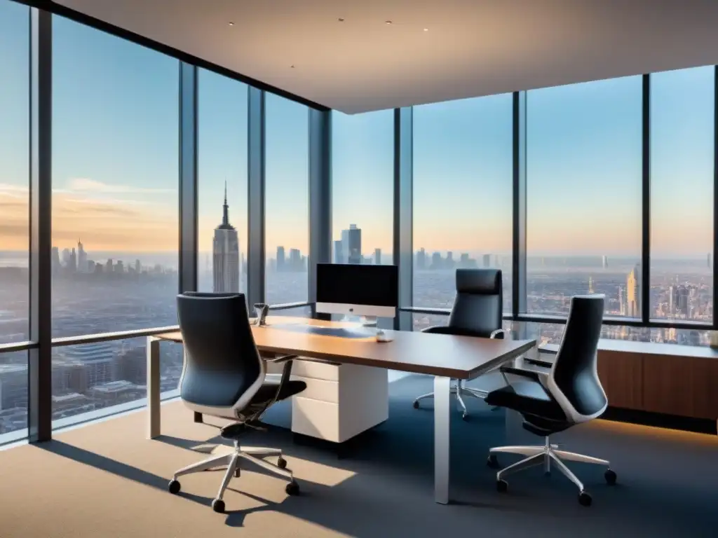 Oficina moderna con vista a la ciudad: preparación para seguro comercial Renovación seguros propiedades comerciales: Oficina moderna con vista a la ciudad, elegante y luminosa