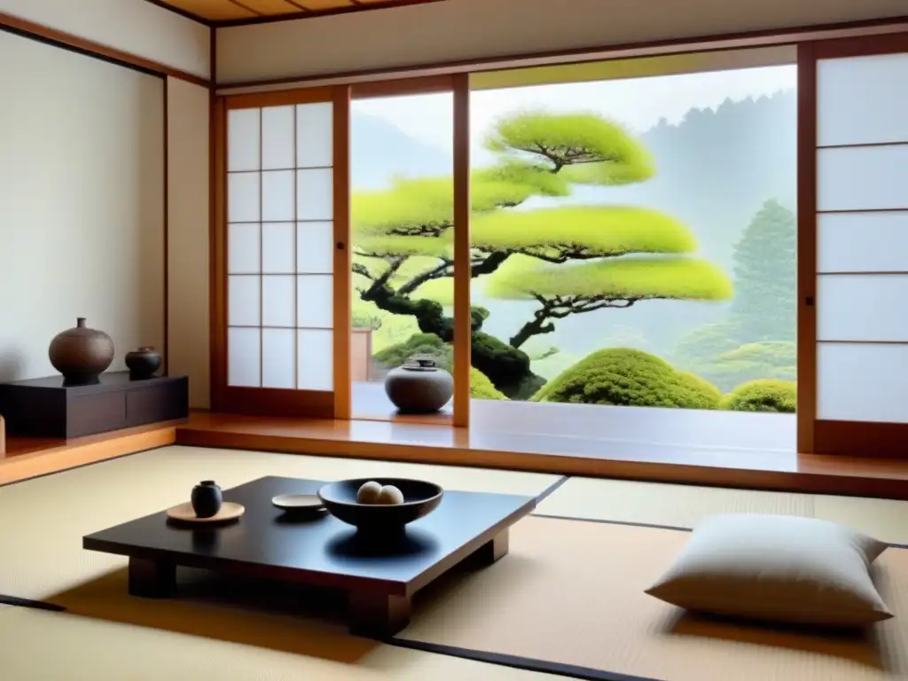 Salón japonés sereno y minimalista con jardín zen Serenidad en diseño minimalista japonés en inmobiliaria, con tatamis, shojis, ikebana y jardín japonés, en sala luminosa