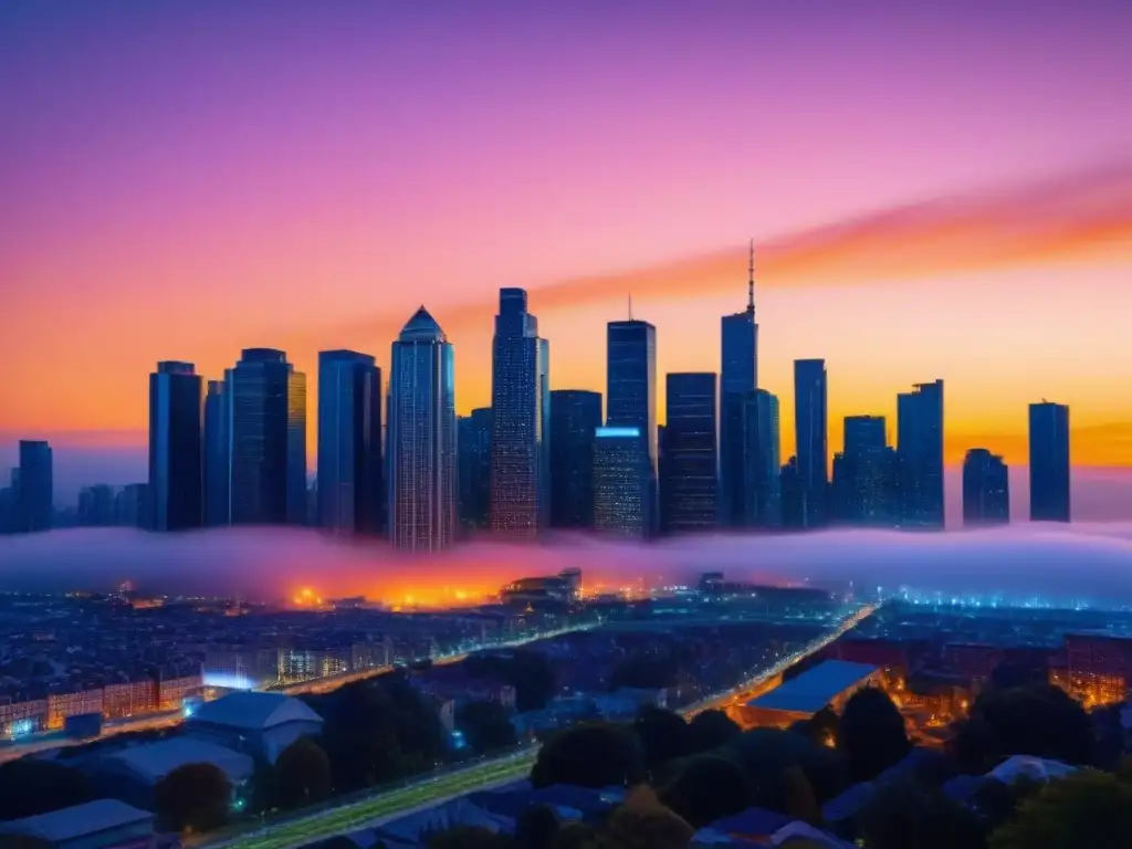 Horizonte urbano moderno al atardecer: arquitectura futurista en 8k Silueta de ciudad moderna al atardecer con rascacielos iluminados y arquitectura futurista