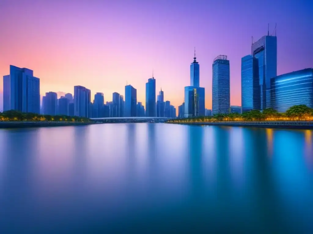 Horizonte urbano contemporáneo al atardecer: inversión inmobiliaria internacional Silueta urbana contemporánea al atardecer con rascacielos iluminados contra un cielo crepuscular colorido, reflejándose en un río tranquilo