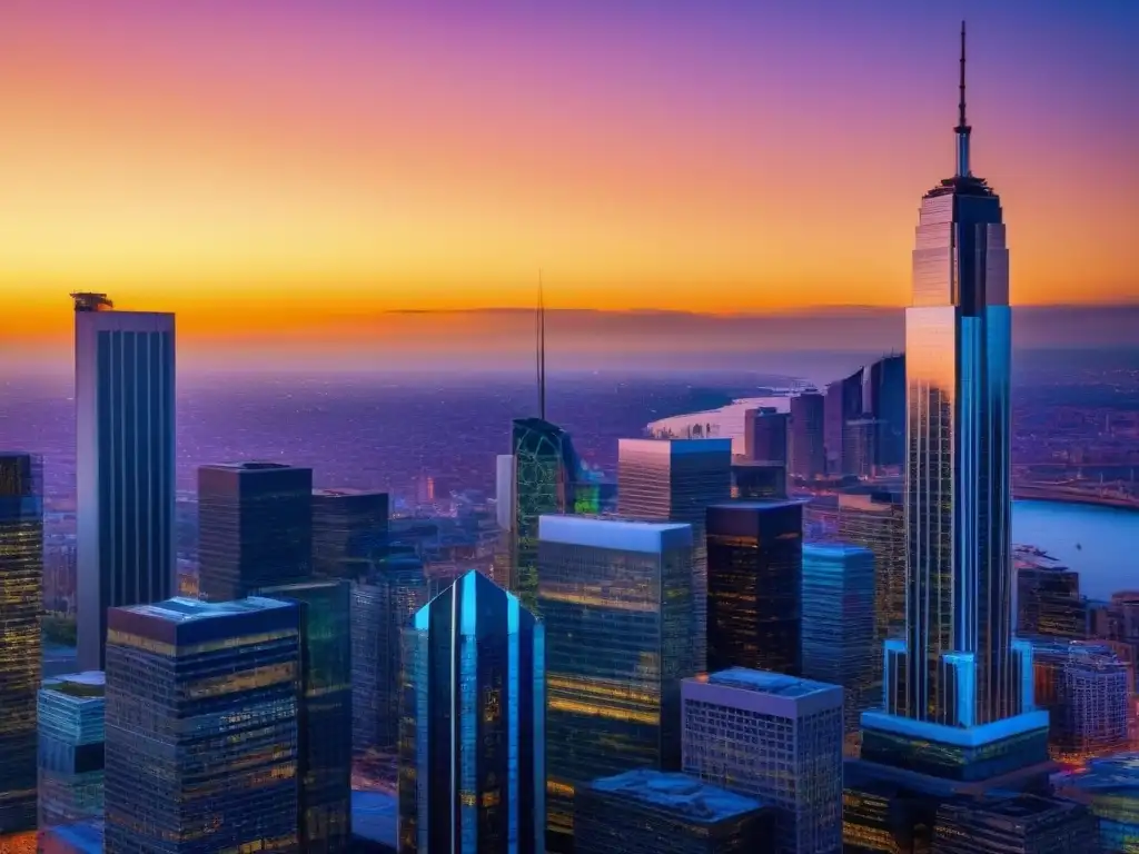 Inversiones inmobiliarias postBrexit: atardecer en distrito financiero Silueta urbana posBrexit: rascacielos de cristal reflejan un atardecer vibrante, simbolizando oportunidades y desafíos en la inversión inmobiliaria