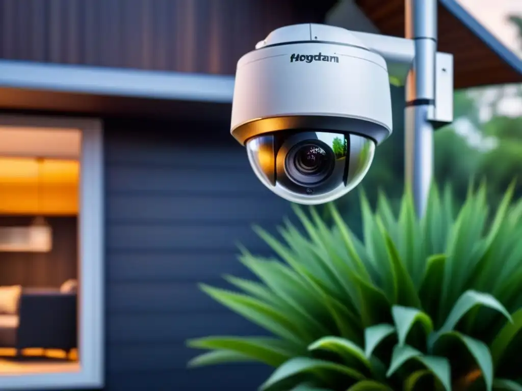 Avanzado sistema de cámaras de seguridad integrado en propiedad moderna Un sistema de cámaras de seguridad futurista integrado en una propiedad moderna, con tecnología IA innovadora y efectiva