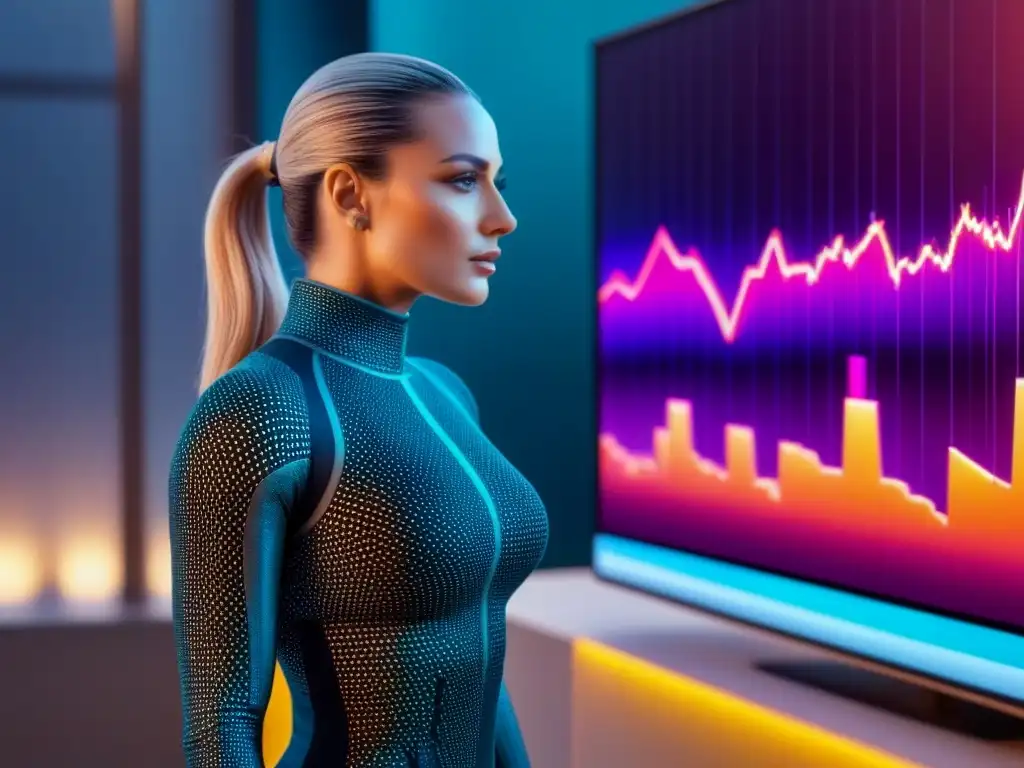 Análisis de inversión inmobiliaria: IA futurista en 8k Un sistema de inteligencia artificial sofisticado analizando datos de inversión inmobiliaria, mostrando gráficos detallados