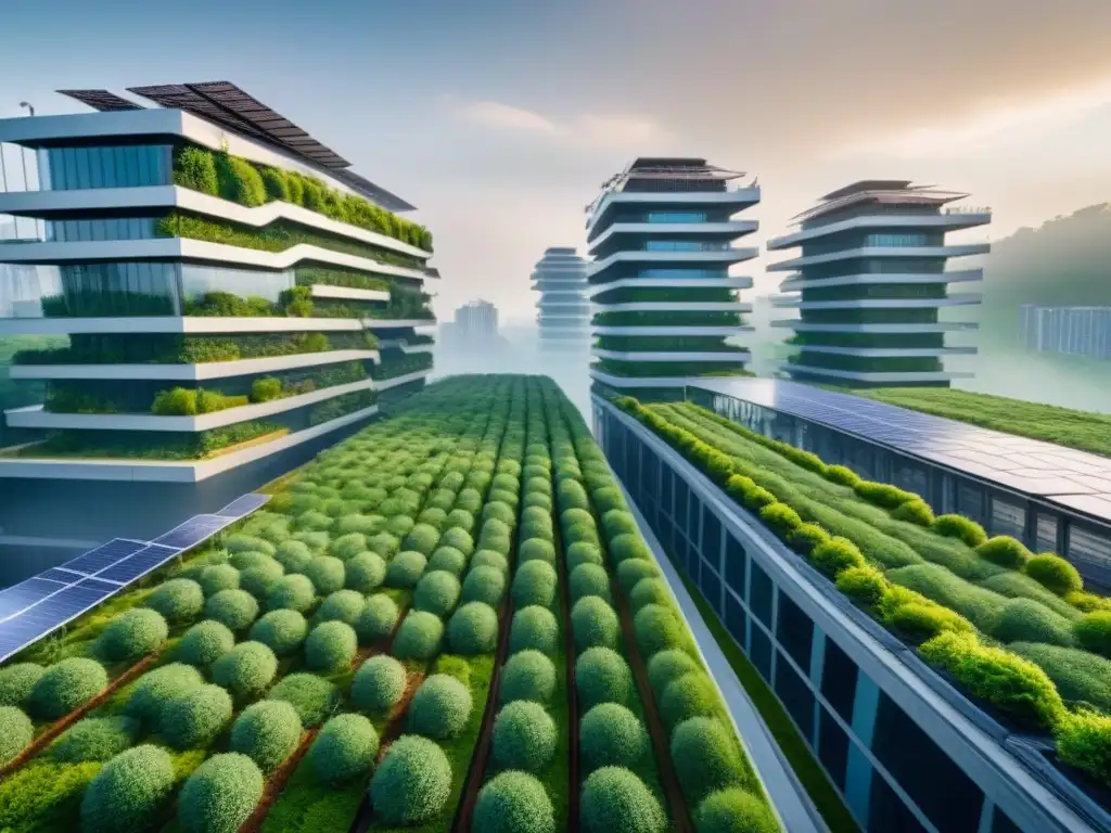Construcción futurista: edificios ecológicos en armonía con la naturaleza Un sitio de construcción futurista con edificios ecológicos destacando sistemas avanzados de reciclaje y tecnologías sostenibles