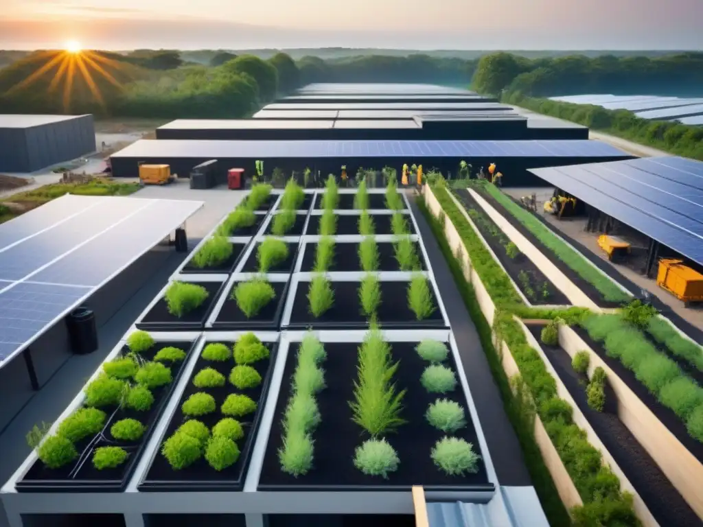 Construcción sostenible: Detalles ecoamigables en obra Un sitio de construcción sostenible con reciclaje integrado y equipo ecoamigable