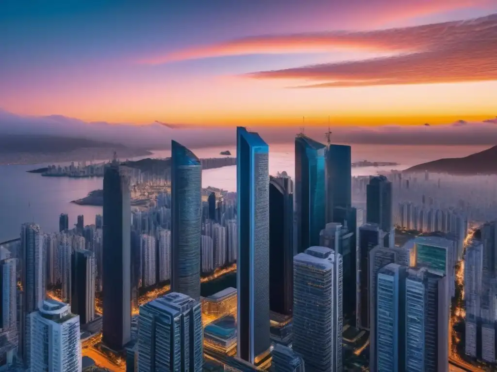 Horizonte futurista en ciudad sudamericana al atardecer Un skyline futurista en Sudamérica durante un atardecer vibrante, reflejando innovación en el mercado inmobiliario y la inversión extranjera