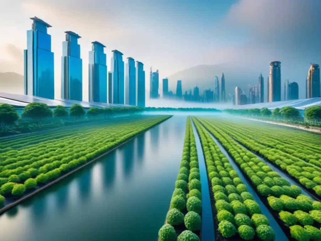 Visiones futuristas: ciudad sostenible en armonía con la naturaleza Skyline futurista con edificios verdes integrados, muestra regulaciones conservación inmobiliaria mitos