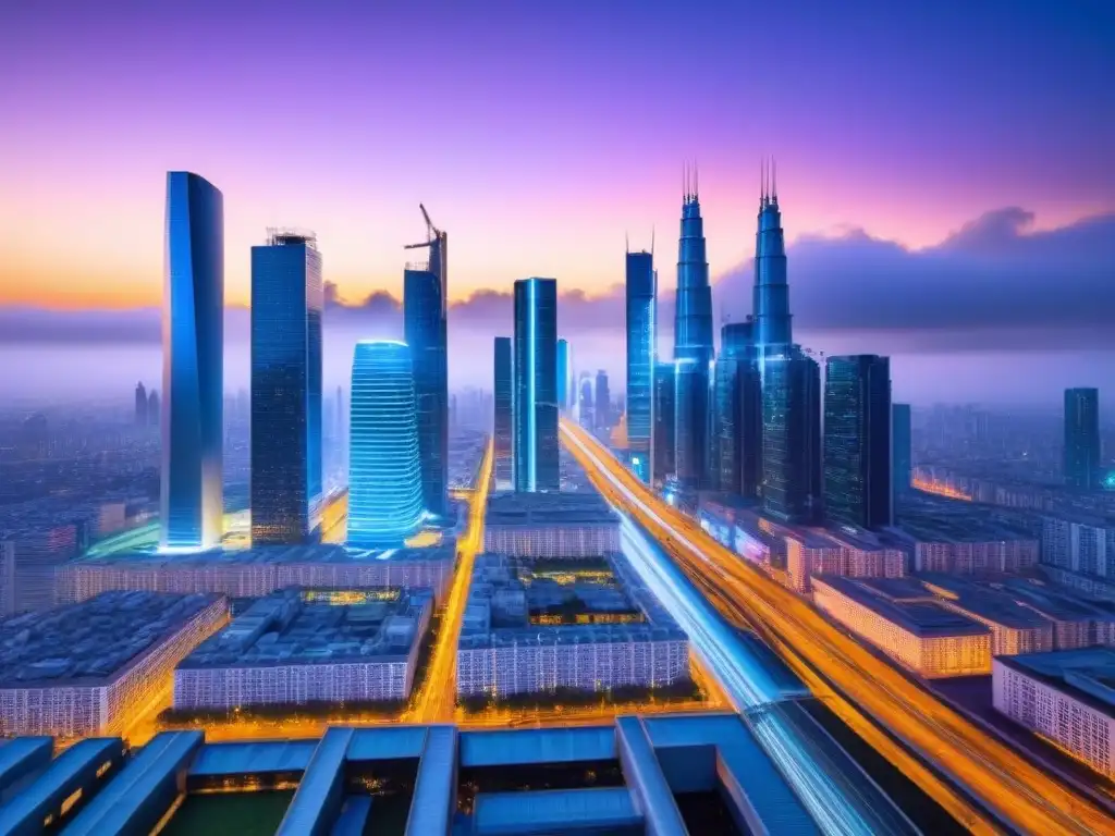 Horizonte futurista: Ética en datos del sector inmobiliario Skyline futurista con rascacielos iluminados por luces de neón y redes de datos, simbolizando la protección datos transacciones inmobiliarias