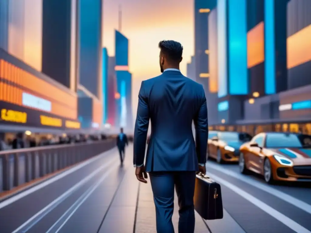 Horizonte futurista en 8k: inversión inmobiliaria innovadora Un skyline futurista al anochecer con rascacielos innovadores y profesionales en trajes, simbolizando oportunidades de inversión inmobiliaria en crisis