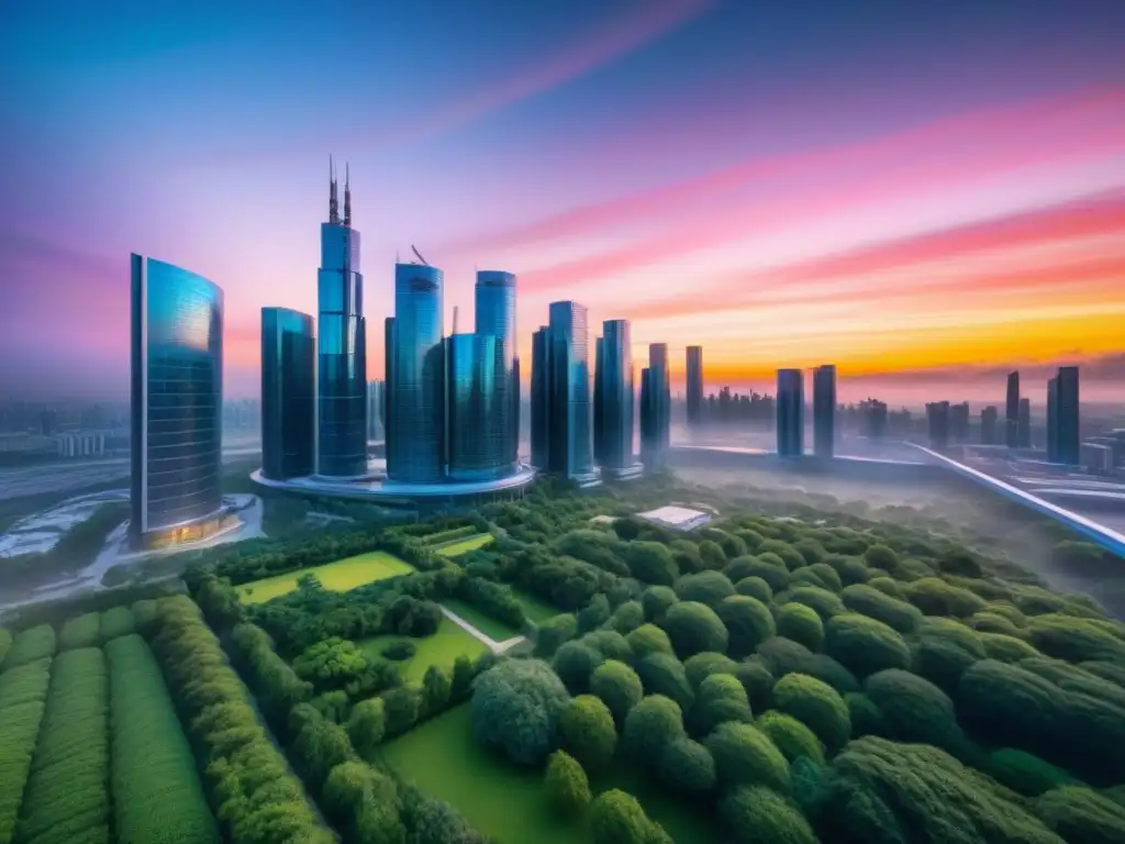 Metrópolis futurista: innovación y colaboración en bienes raíces Un skyline futurista con rascacielos modernos rodeados de vegetación, profesionales y tecnología